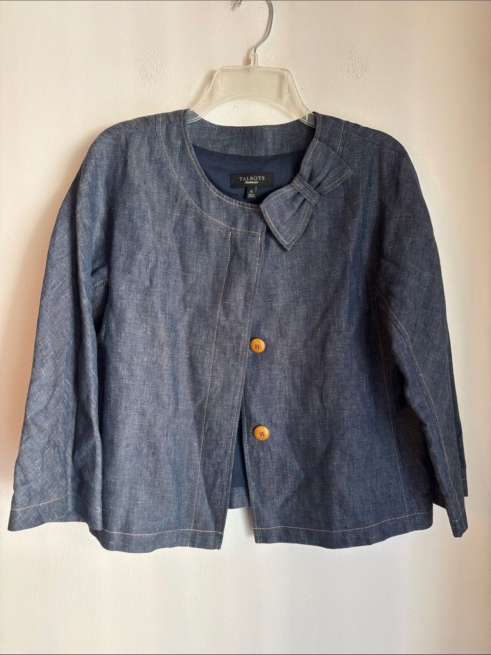 Talbots women chambray cropped boxy Dark Blue Denim Bow-Accent Jacket Sz 10 EUC